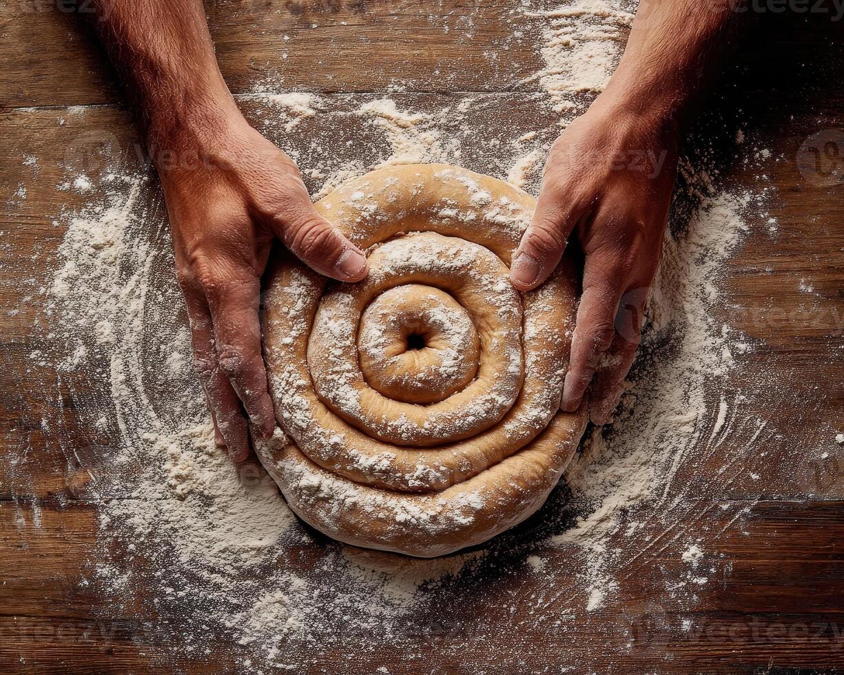 Dough being rolled into spiral shape on wooden surface, hands covered in flour, creating delicious cinnamon roll photo