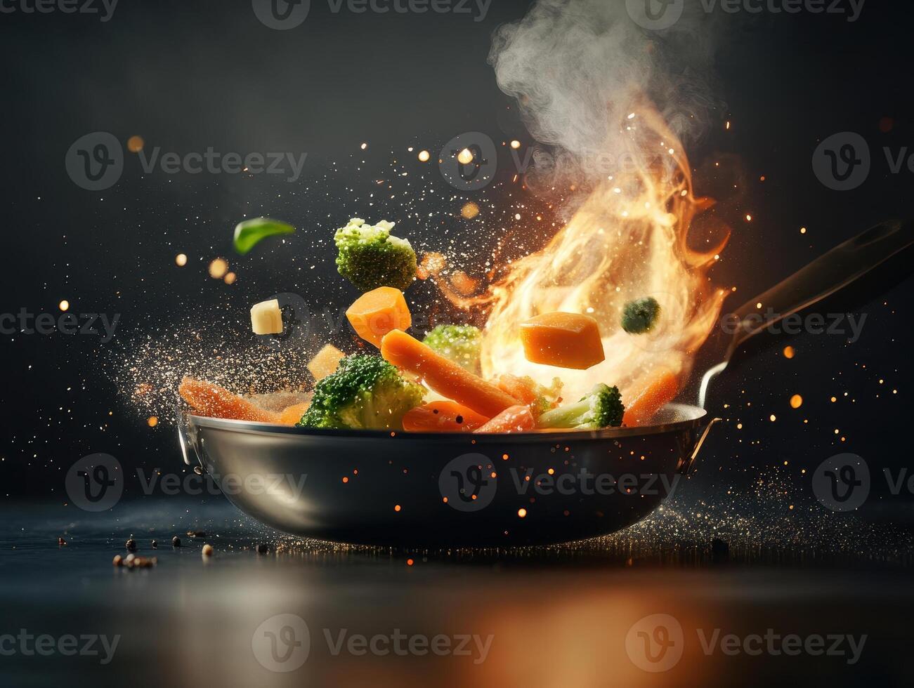 Flames leap from pan as chef sautes vibrant vegetables, creating dynamic culinary scene photo