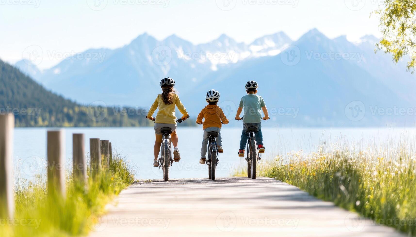 Family riding bicycles along scenic trail by lake, enjoying nature photo