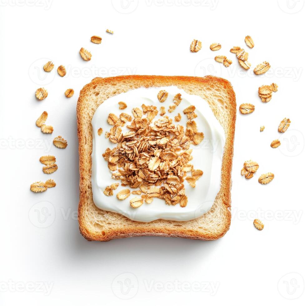 Toasted bread topped with yogurt and granola, creating delicious snack photo