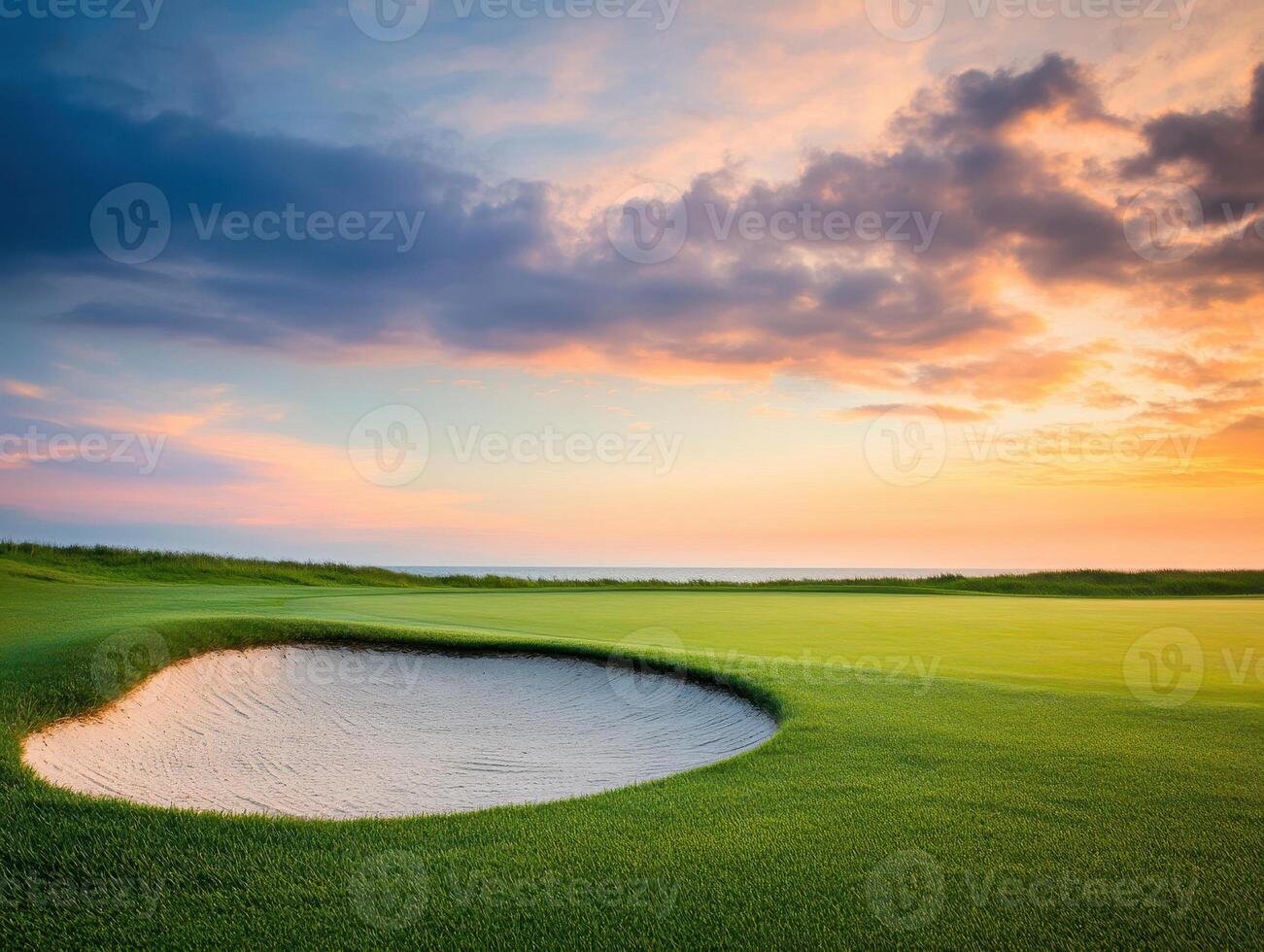 serene golf course scene featuring sand trap colorful sunset sky. lush green grass contrasts beautifully with sandy bunker photo