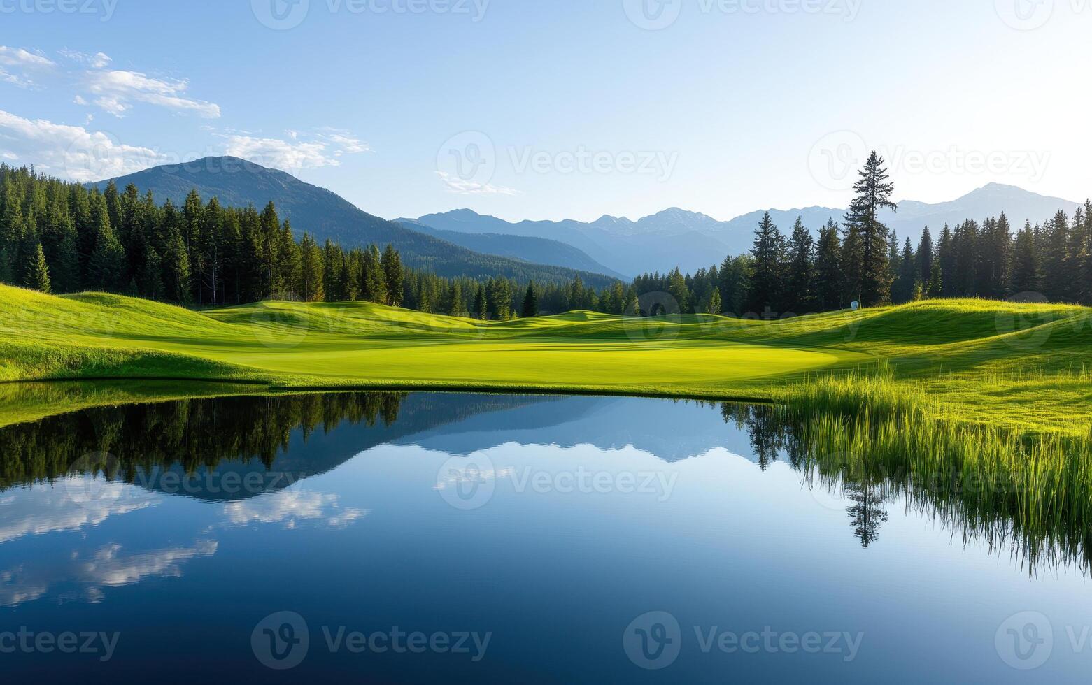 tranquil golf course by mountain lake, featuring vivid green grass and serene reflections photo