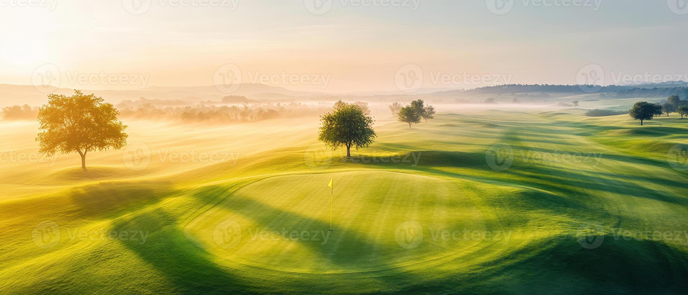 Lush green fairways at sunrise, showcasing serene golf course landscape photo