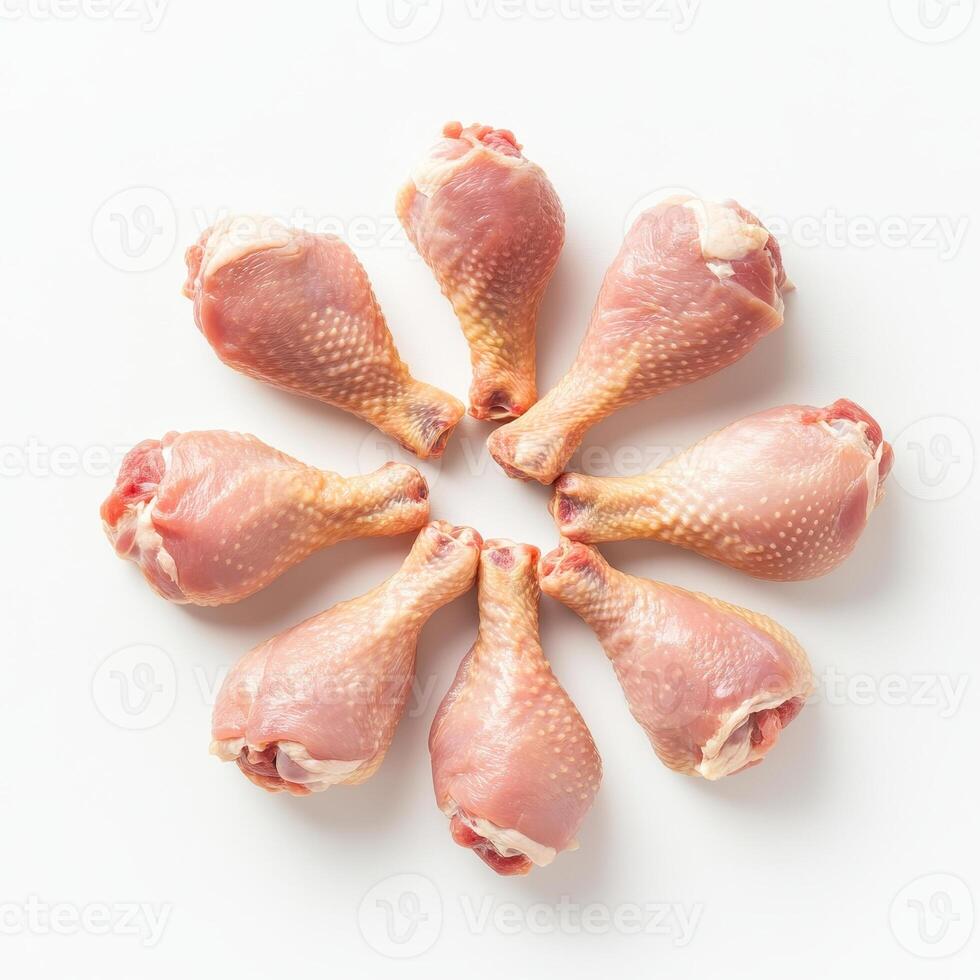 Fresh raw chicken drumsticks arranged in circular pattern, showcasing their texture and color photo