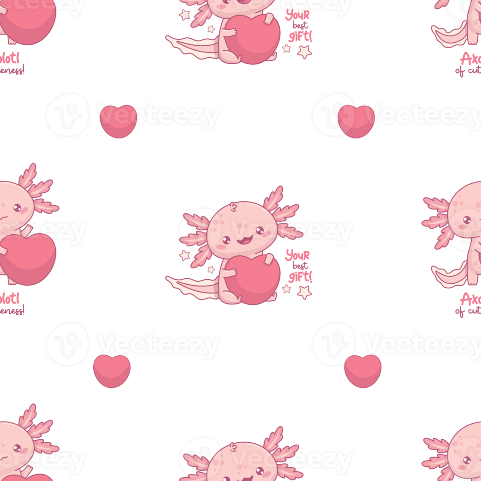 Seamless valentine pattern with cute Axolotl with big heart png