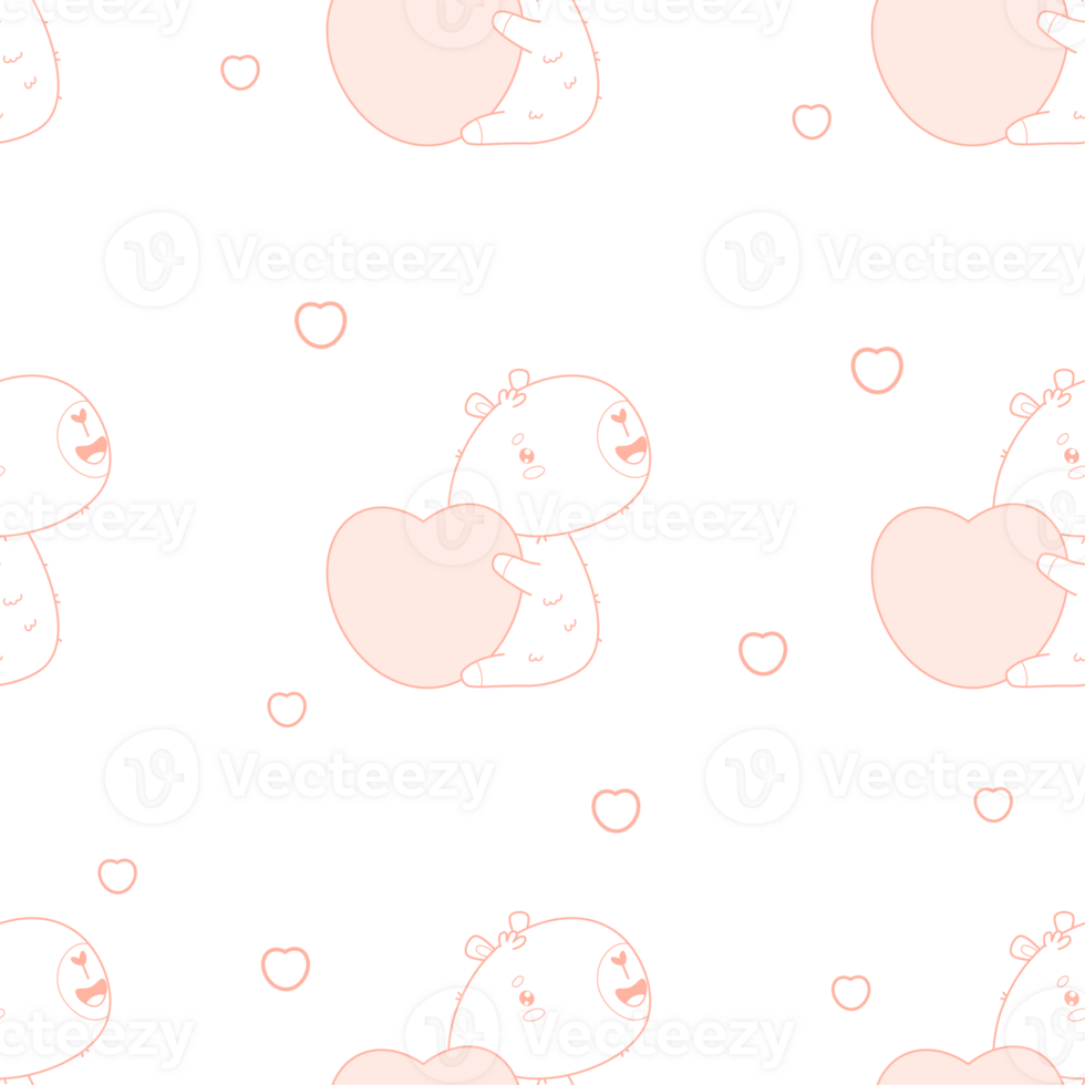 Seamless romantic pattern. Outline capybara with big heart png