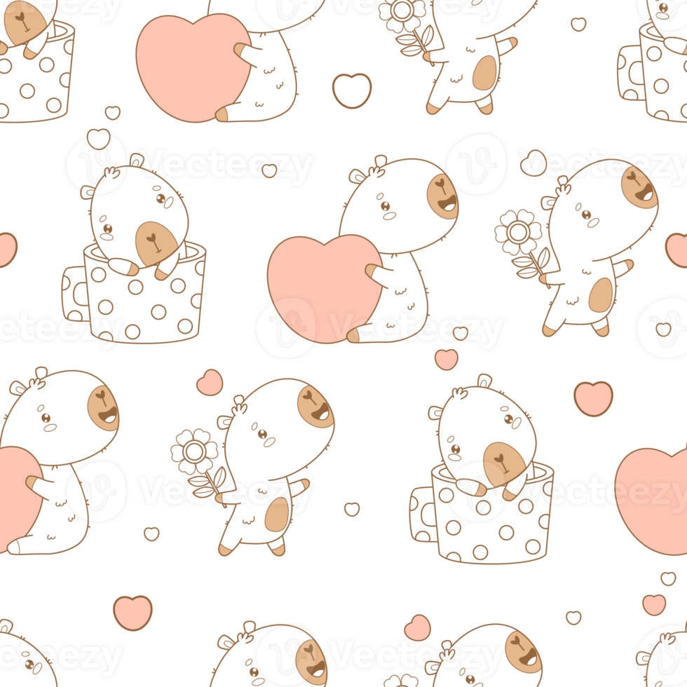 Outline Seamless pattern. Capybara with heart, flower and calm animal in cup png