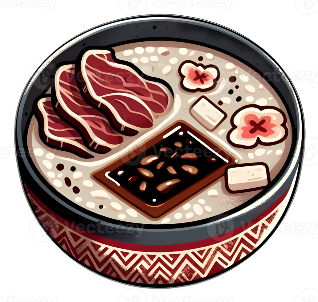 A bowl of sticky rice with beef and soya sauce on the table png