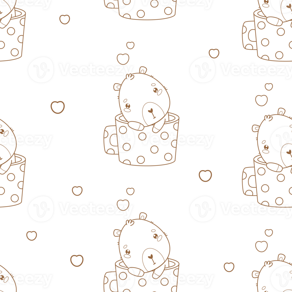 Seamless romantic pattern. Cute enamored capybara in cup with hearts png