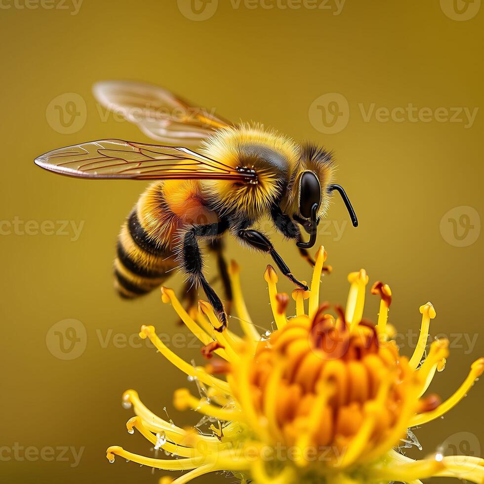 A bee collecting nectar from a vibrant flower in a close-up garden setting photo