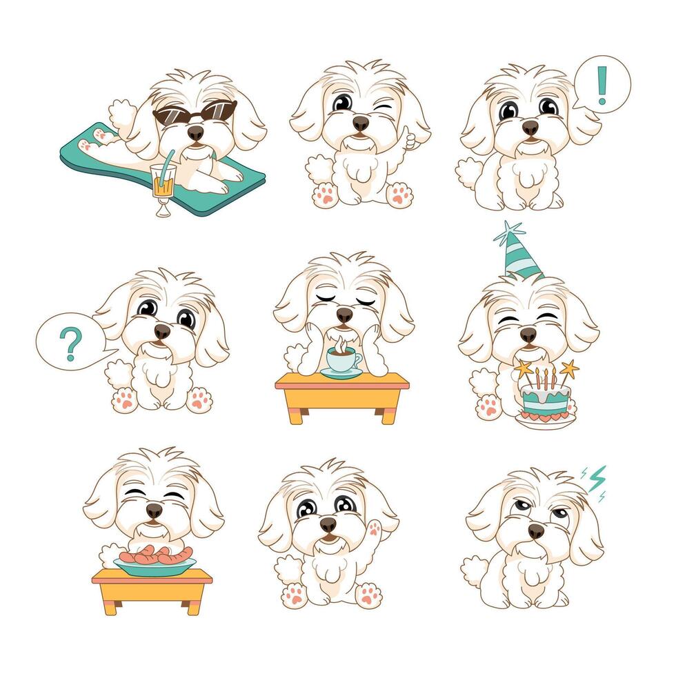 Set of emotions and poses of a dog multipoo, on the beach, eating sausages, like, birthday, drinking coffee, etc. in a cute cartoon style. vector