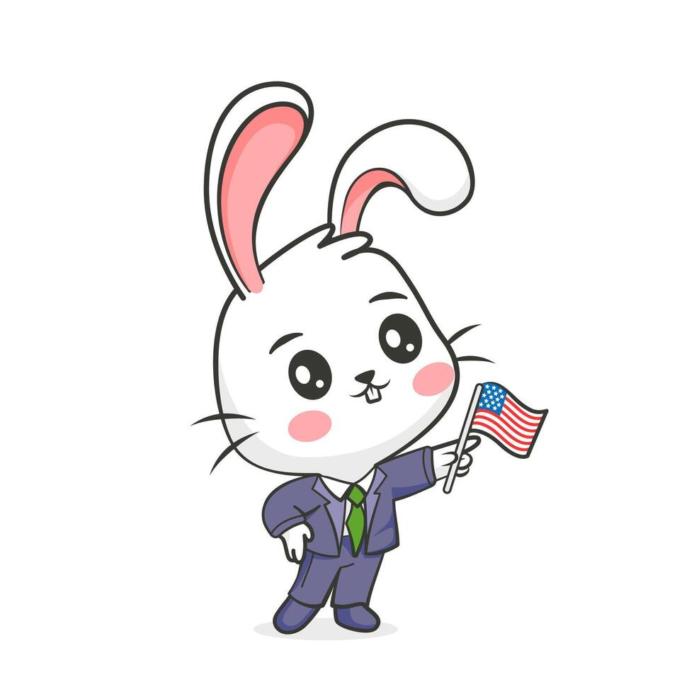 Illustration of a rabbit with an American flag in a cute cartoon style. vector