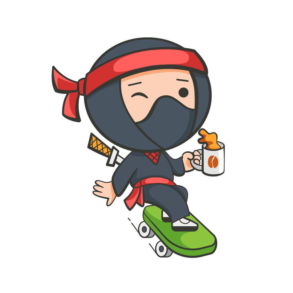 Illustration of a ninja riding a skateboard in a cute cartoon style. vector