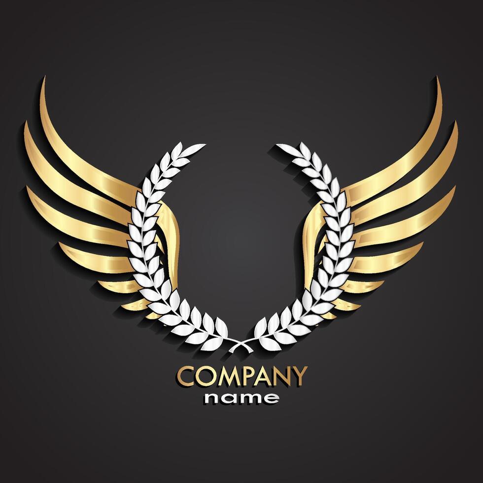 3d silver gold winged laurel wreath logo vector
