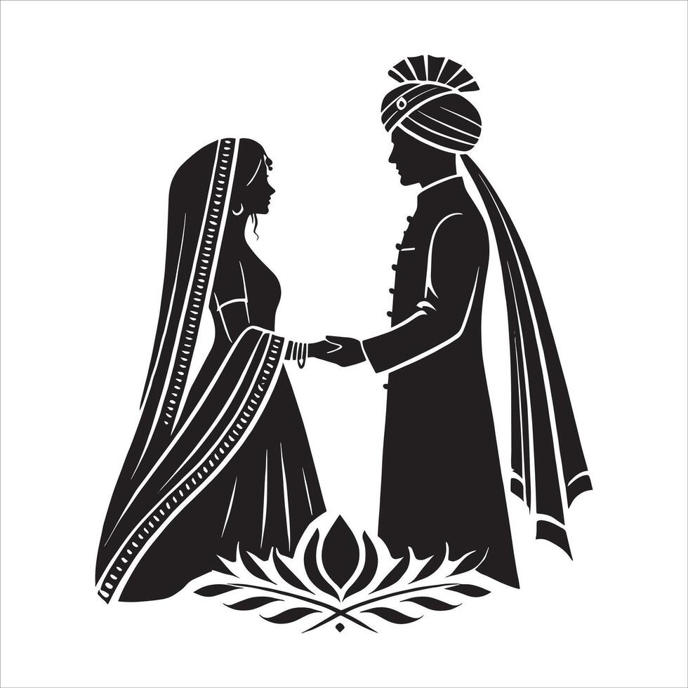 Elegant Wedding Couple Silhouette Clipart Featuring Bride and Groom in Shadi Mandap for Invitation Card Design vector