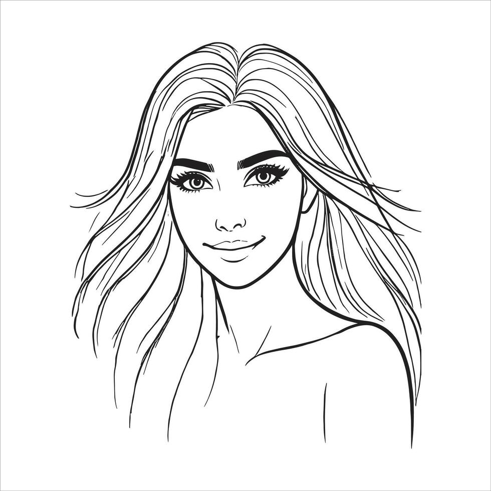 A young girl sketch woman with long hair and eyes black silhouette free illustration vector