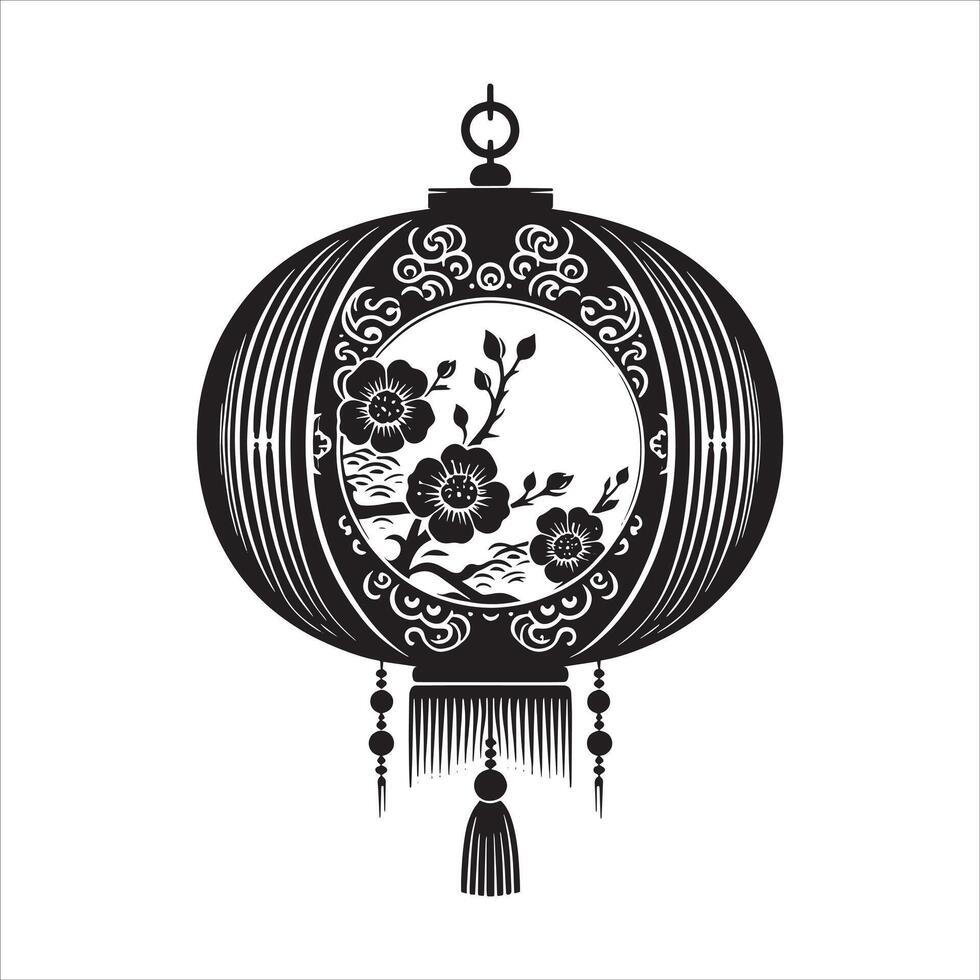Traditional Chinese Lantern in Black Silhouette with Fortune Paper Lamp and Japan Lantern for Lunar New Year Concept vector