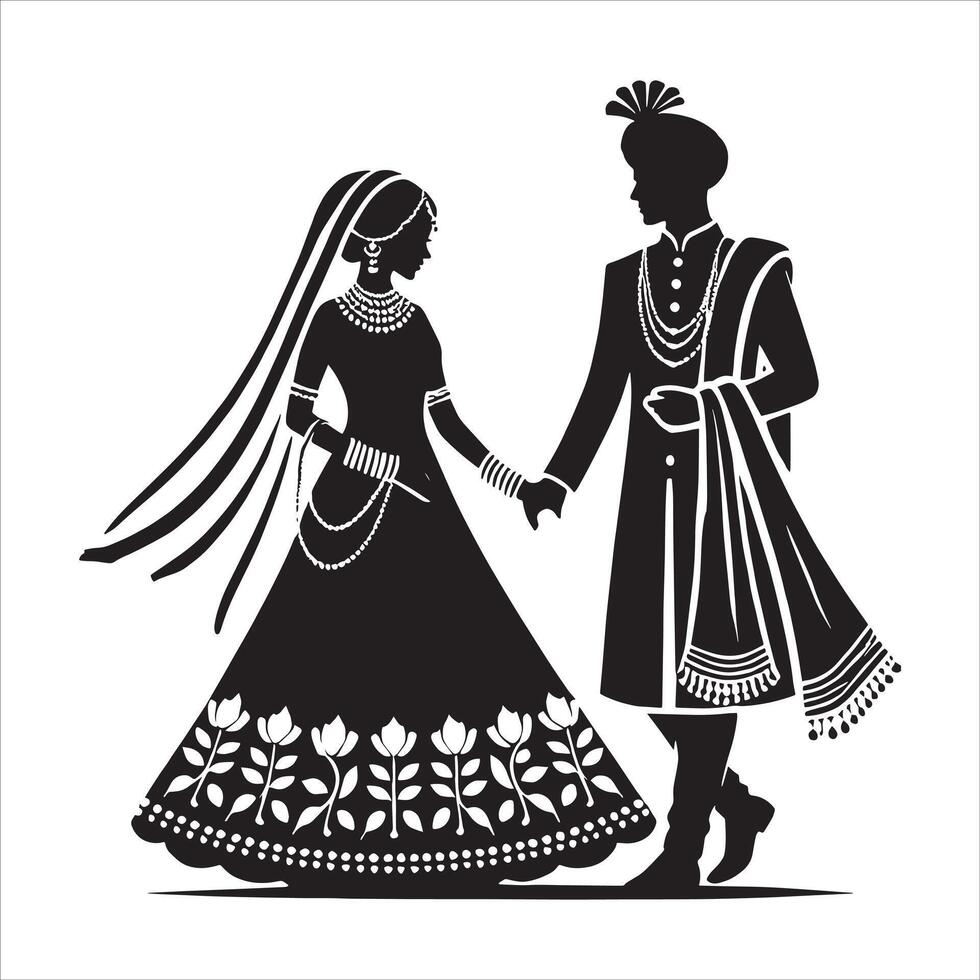 Happy Wedding Couple Clipart with Bride and Groom Silhouette in Shadi Mandap for Marriage Invitation Design vector