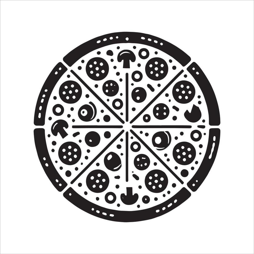 Silhouette of Tempting Vegan Pizza Slice with Cheese and Pepperoni Piece for Menu Icon Design vector