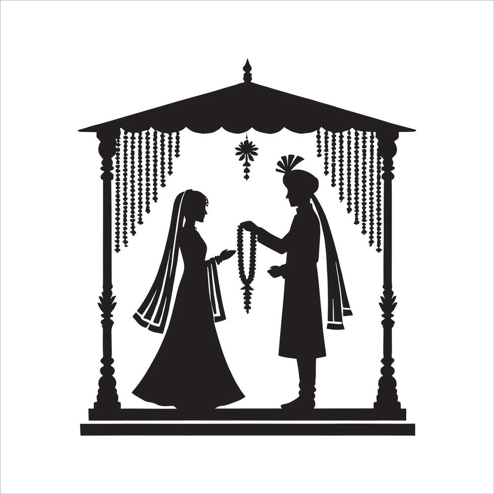 Free Silhouette Clipart of Wedding Couple with Bride and Groom in Shadi Mandap for Marriage Invitation Card Design vector