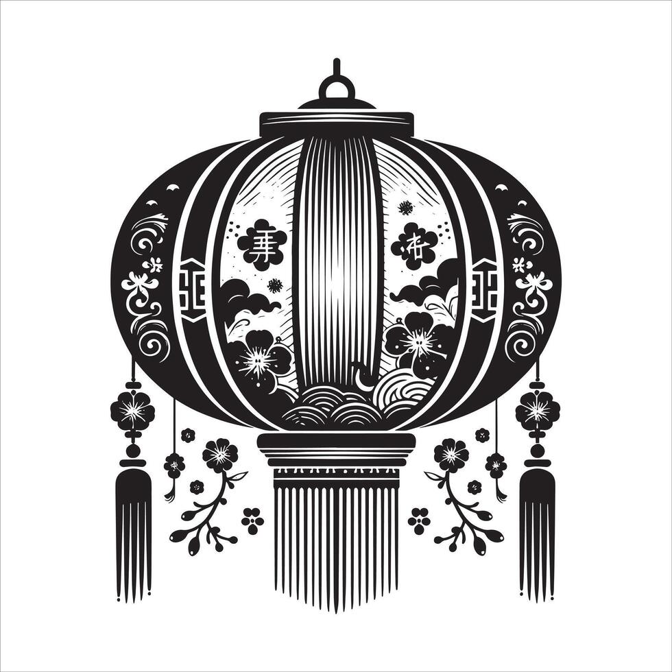Traditional Chinese Lantern in Black Silhouette with Fortune Paper Lamp for Lunar New Year and Japan Lantern Design Concept vector