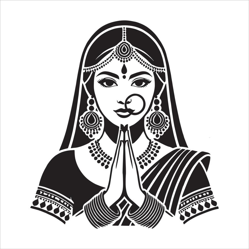 Beautiful Namaste Hands Indian Woman Silhouette in Namaste Pose Featuring Iconic Bride for Indian Wedding Emblem Illustration vector