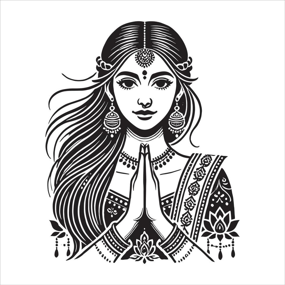 Indian Woman Silhouette in Namaste Pose Featuring Namaste Hands Iconic Bride for Indian Wedding Emblem and Thank You Concept vector