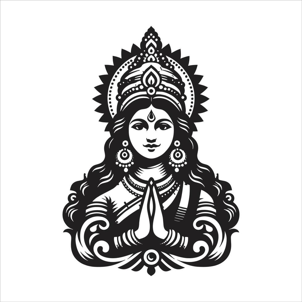 Lakshmi Mata and Goddess Laxmi Silhouette Outline Art with Maa Durga Divine Warrior Design on Lotus Flower for Lakshmi Puja Special vector