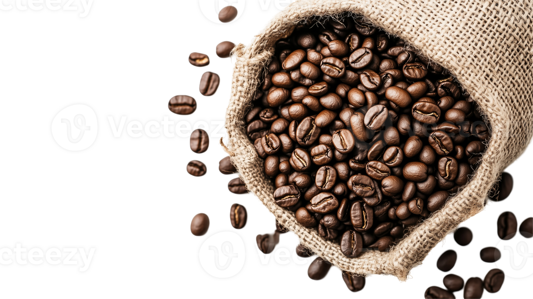 High-resolution image of coffee beans in burlap sack, isolated background png