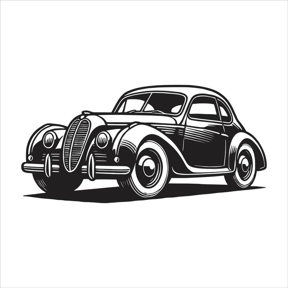 An old car is shown in black and white vector