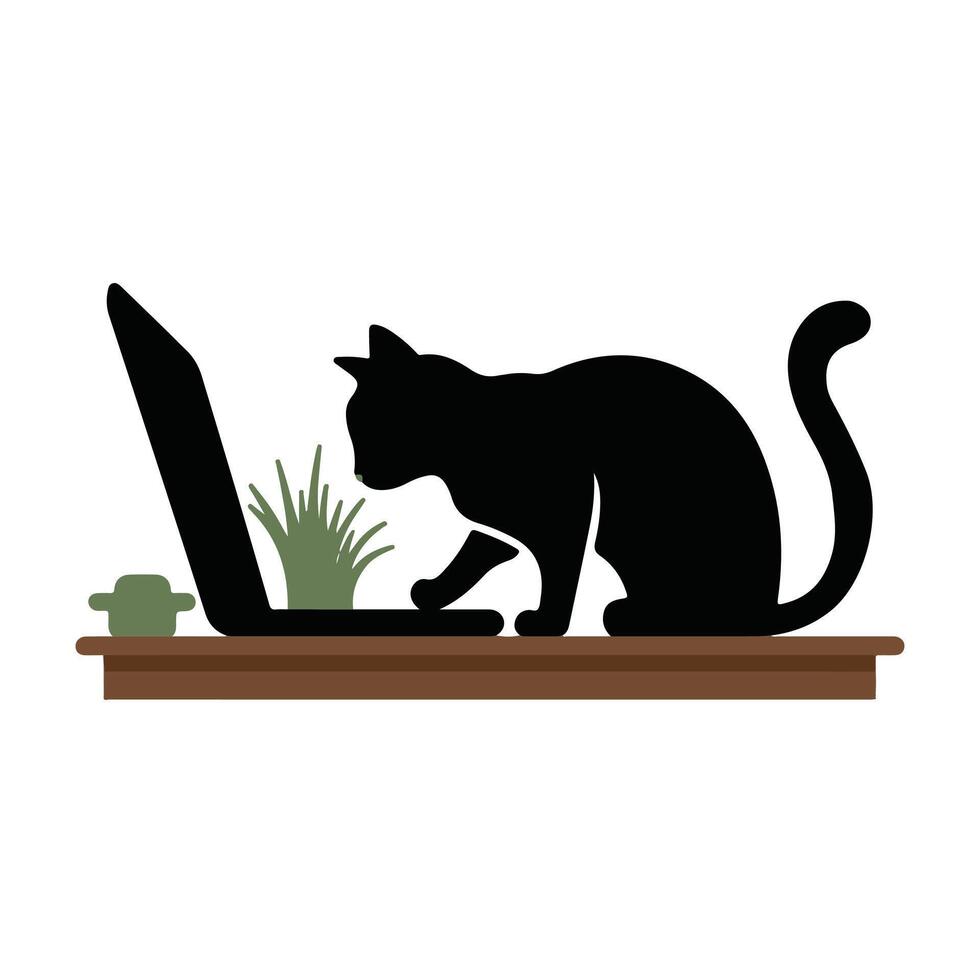 cat sitting on a desk with a laptop and plant vector