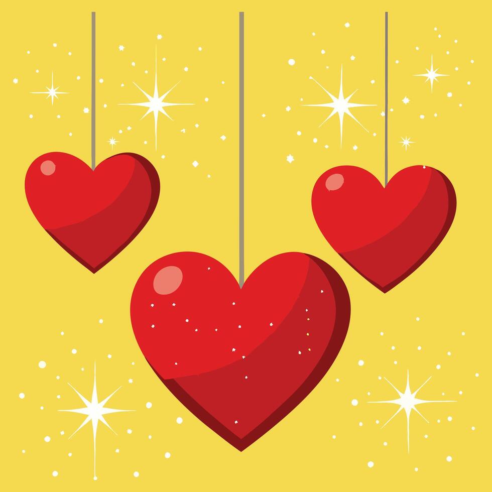 three red hearts hanging from strings on a yellow background vector