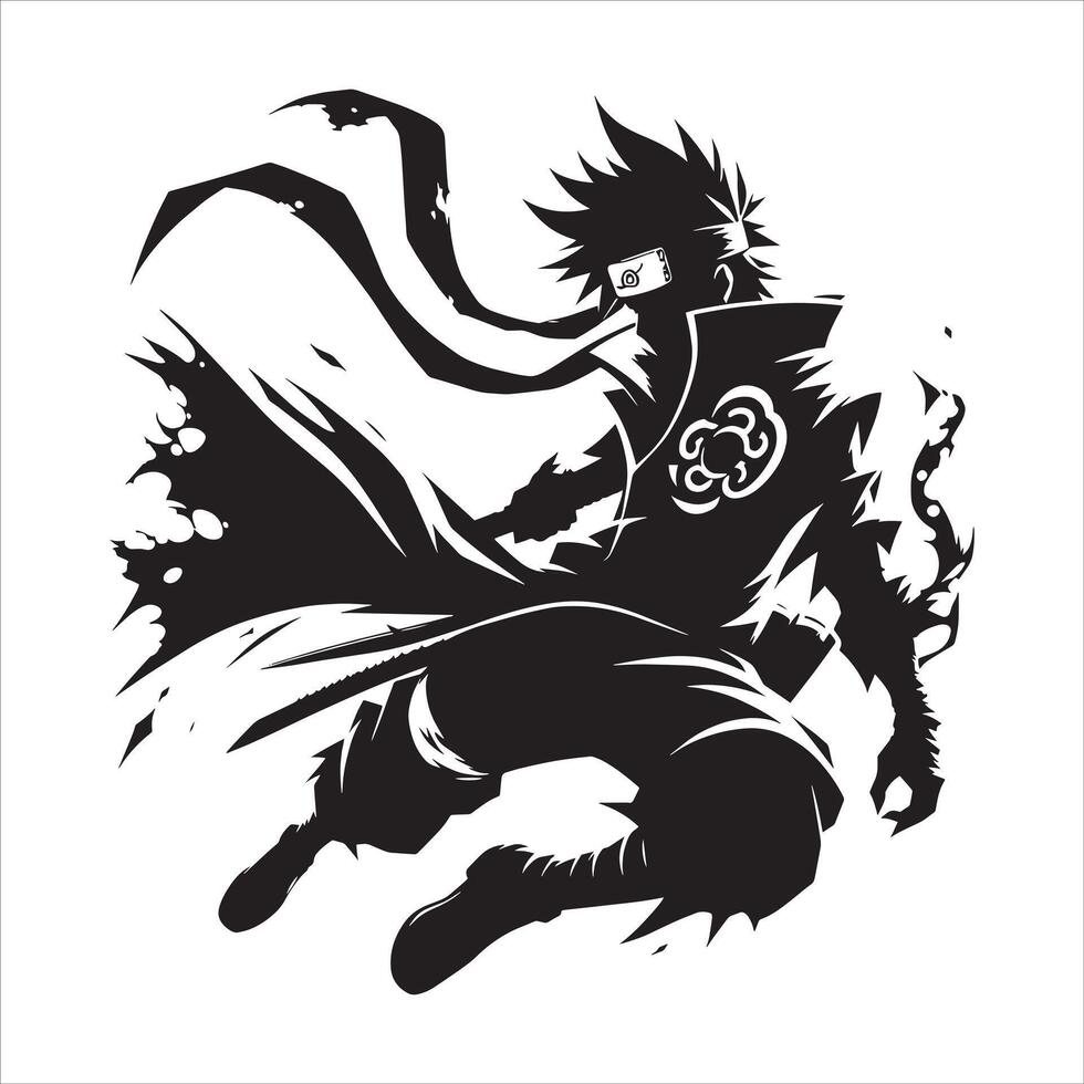 Naruto Uzumaki Ninja Warrior Free Silhouette Drawing with Sword Mask and Anime Art A black and white silhouette of a ninja with a sword vector