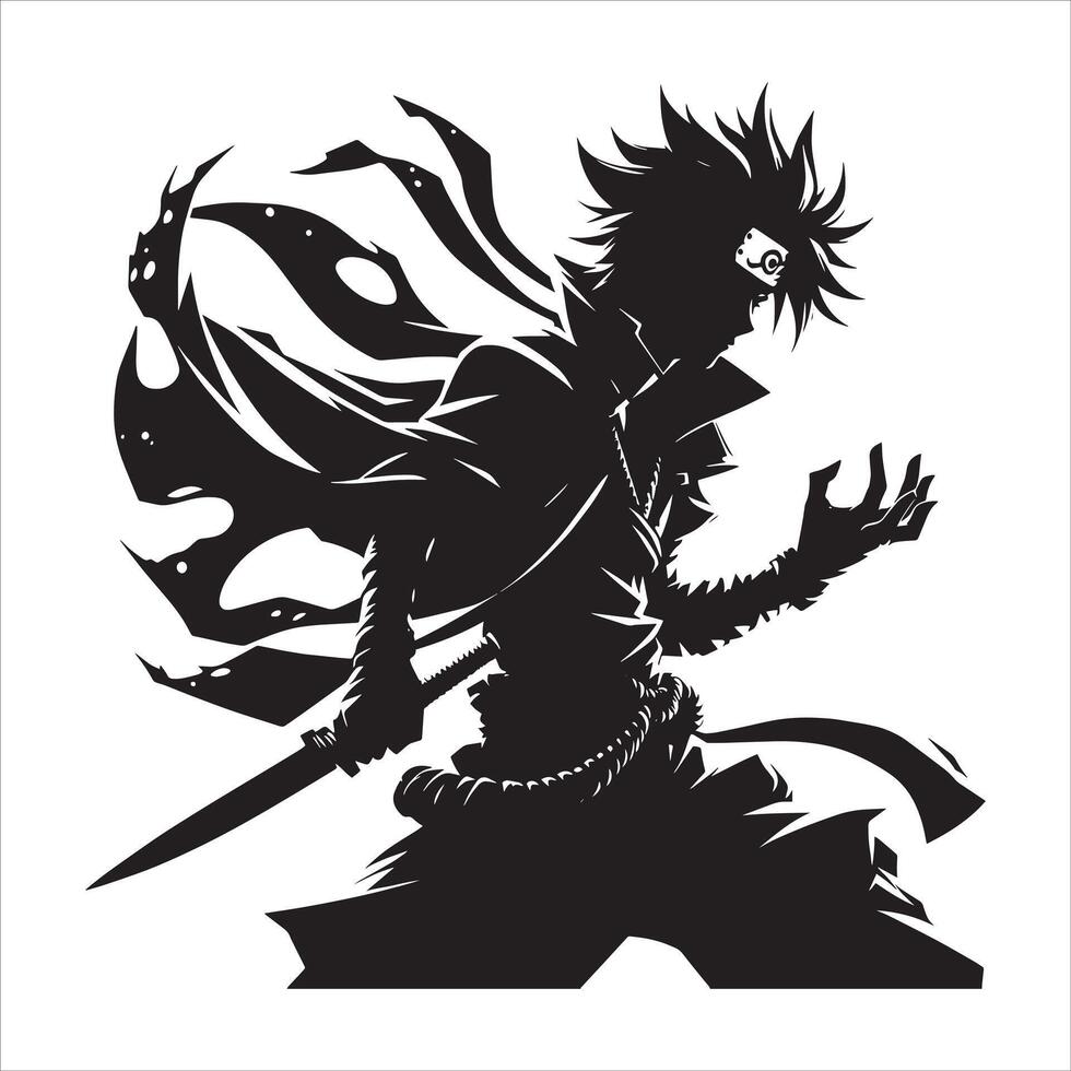 Naruto Uzumaki Ninja Drawing Silhouette with Sword Mask and Kakashi Hatake Anime Warrior vector