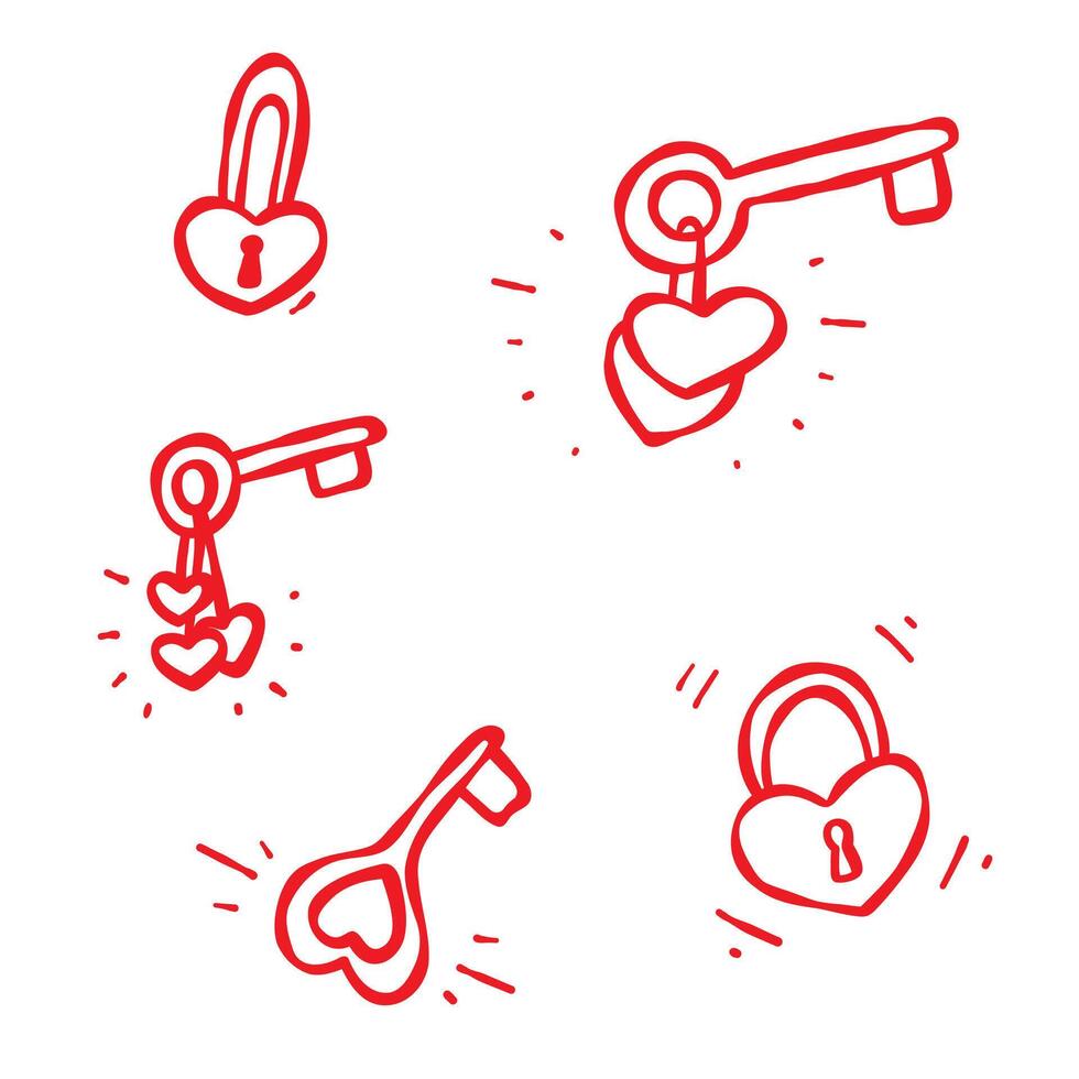 Doodle Hand-Drawn Set of Keys and Padlocks. Red contour isolated on a white background. Valentine s Day, wedding, anniversary, greeting cards, invitations, stickers, web design, cards, prints vector