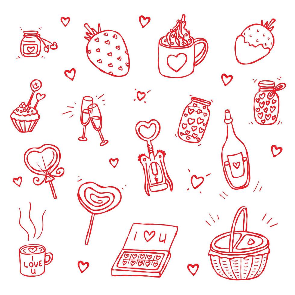 Love picnic hand-drawn doodle set. Hand-drawn red contour elements isolated on a white background. Romantic love themed designs, Valentines Day, greeting cards, web, blog, prints, menus vector