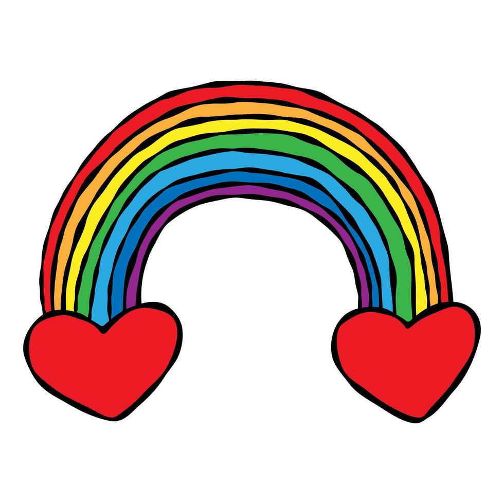 Colorful vibrant rainbow with hearts. Hand drawn doodle style. Love themed design, red line isolated on a white background. Valentine, pride, decor, web, cards, greeting cards, prints vector