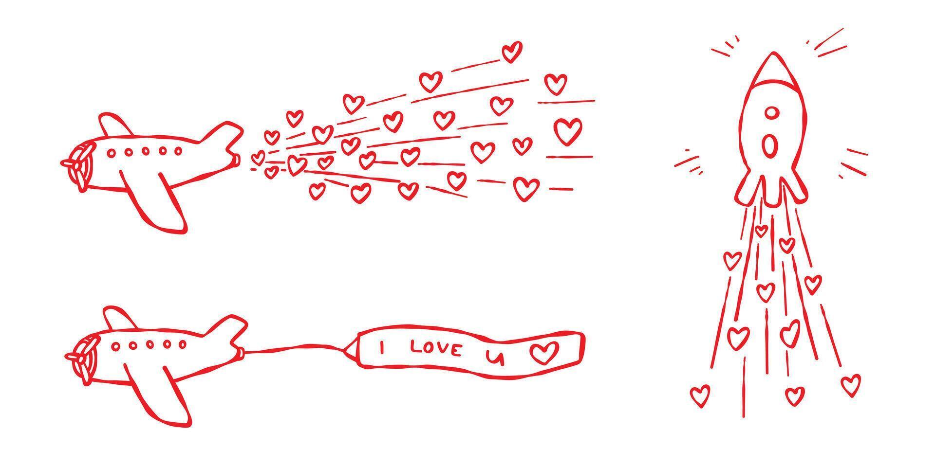 A set of hand-drawn red contour illustrations isolated on a white background. Airplanes, sky rocket. Romantic love themed designs, Valentines Day, anniversaries, cards, web, blogs, prints, posters vector
