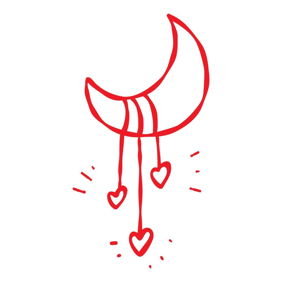 Decorative moon with hearts. Hand drawn doodle style. Love themed contour element, red line isolated on a white background. Valentine, wedding, anniversary, decor, web, cards, greeting cards vector