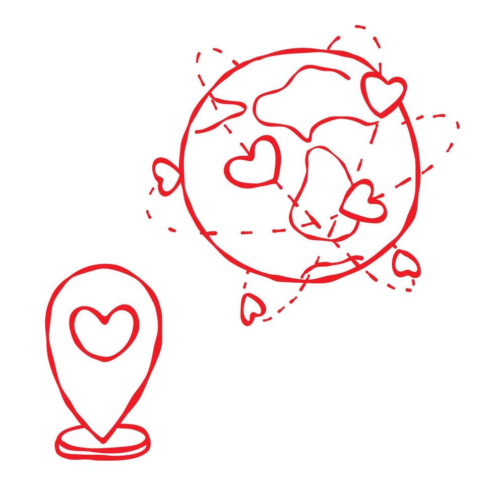 Earth surrounded by orbiting hearts and a GPS symbol. Hand drawn doodle style, isolated on a white background. Valentine s Day, wedding, cards, invitations, stickers, web design, cards, prints, travel vector