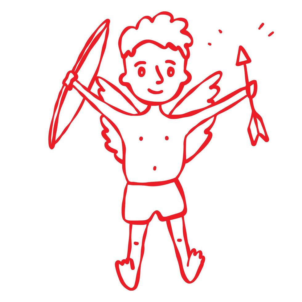 Cupid with bow and arrow. Hand drawn doodle style illustration. Red contour isolated on a white background. Valentine s Day, wedding, anniversary, greeting cards, invitations, stickers, web design vector