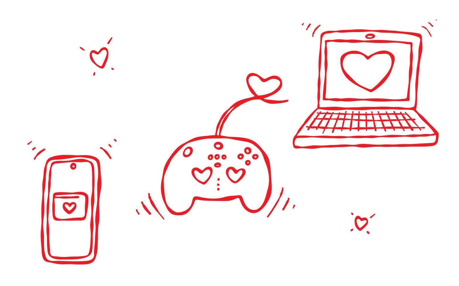 Valentine s Day Doodle Icon Set. Smartphone with a heart notification, laptop screen showing a heart icon, gaming controller with heart buttons. Love themed designs, web, cards, stickers vector