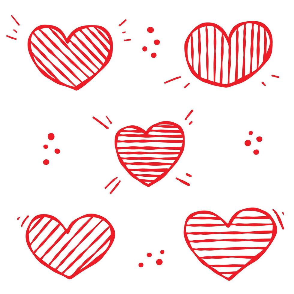 Heart Icon Set. Hand drawn doodle style. Various hatching lines, red contour isolated on a white background. Valentine s Day, wedding, anniversary, greeting cards, invitations, stickers, web design vector