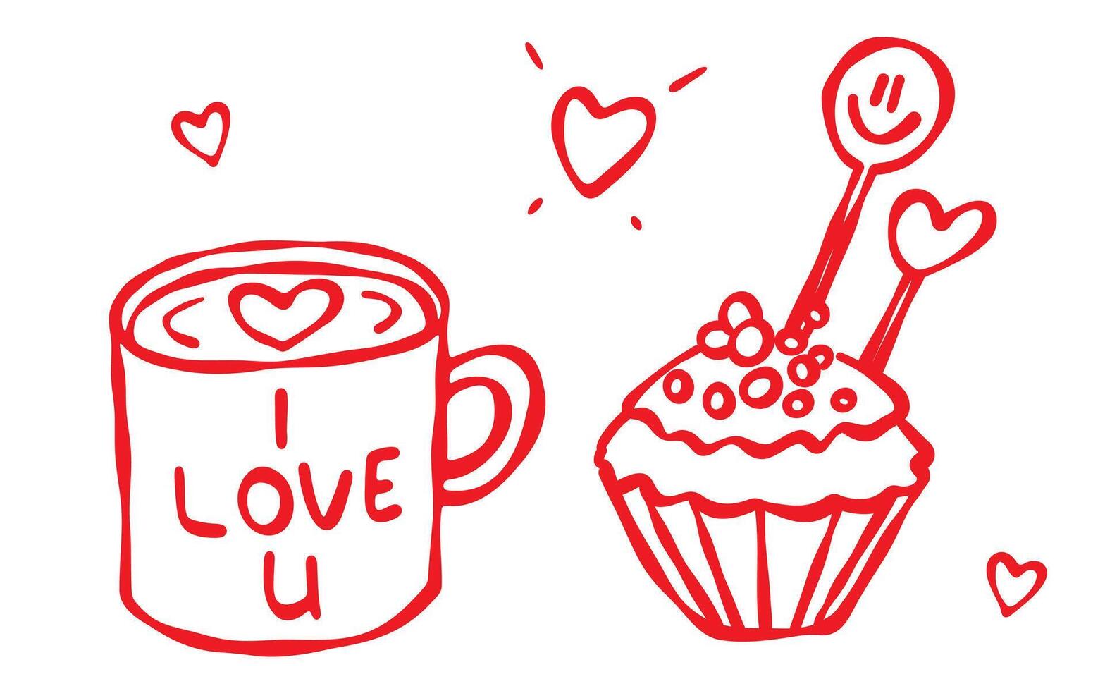Cappuccino cup with a heart on the cream and a cupcake. Hand-drawn red contour illustration isolated on a white background. Romantic love themed design, Valentines Day, greeting cards, digital, print vector
