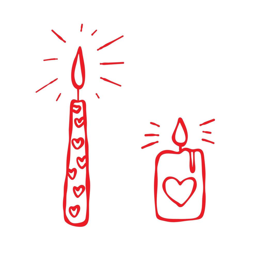 Candle set. Red line, white background. Hand drawn doodle style. Love themed illustration for Valentine, anniversaries, weddings, stickers, web, blogs, greeting cards, decor and more vector