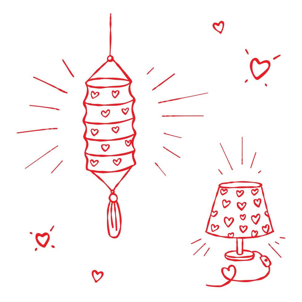 Doodle lamp set. Home table bedside lamp, paper lantern. Red line, white background. Hand drawn doodle style. Love themed illustration for Valentine, anniversary, stickers, web, blogs, cards, decor vector