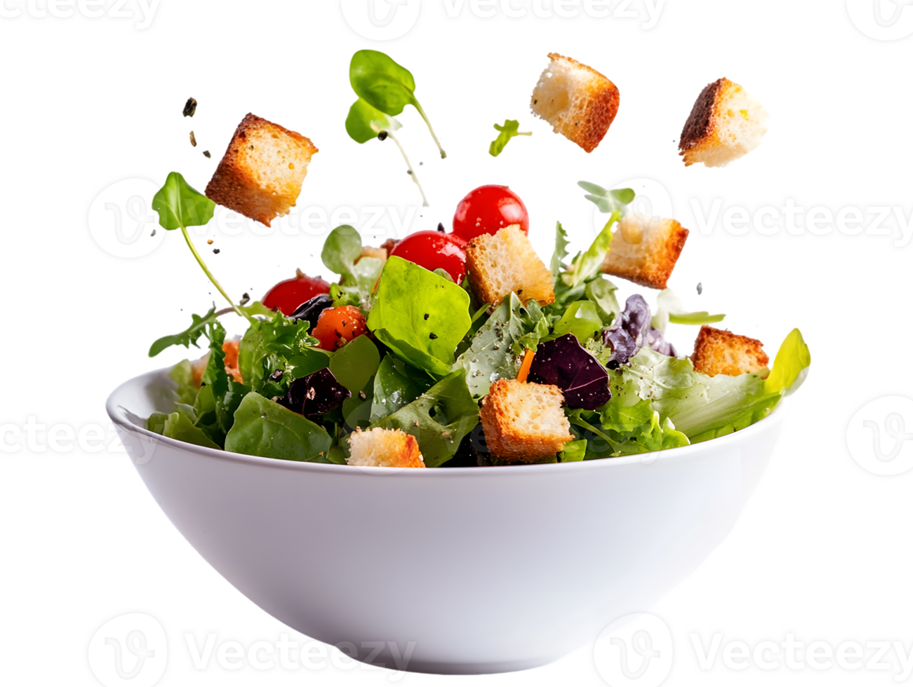 Mixed Green Salad with Cherry Tomatoes and Croutons in White Bowl png