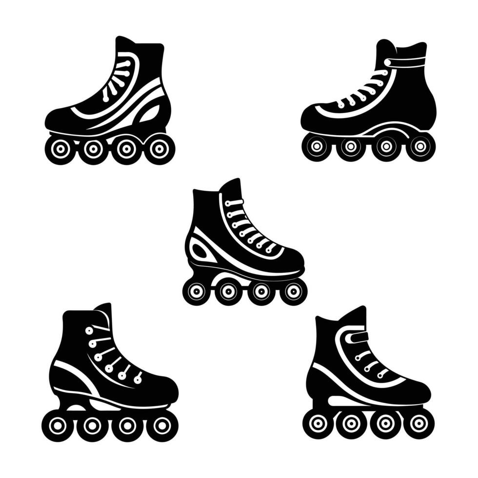 roller skates set of four black and white icons vector