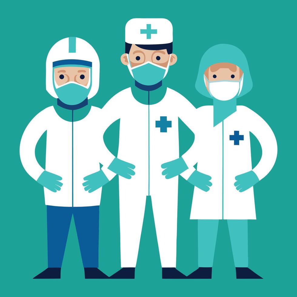 three doctors in protective suits and masks vector