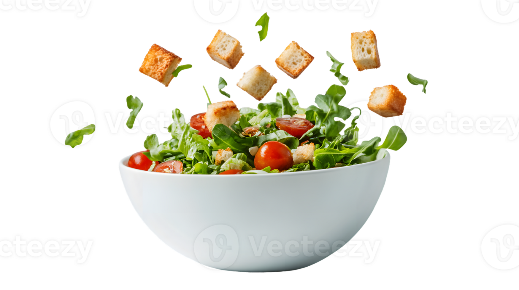 Salad with Cherry Tomatoes and Croutons in White Bowl png